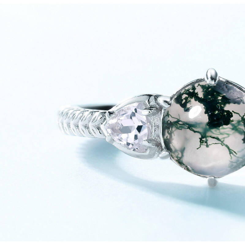 Flor de Cristal Stříbrný prsten Anglea s Mechovým achátem a zirkony