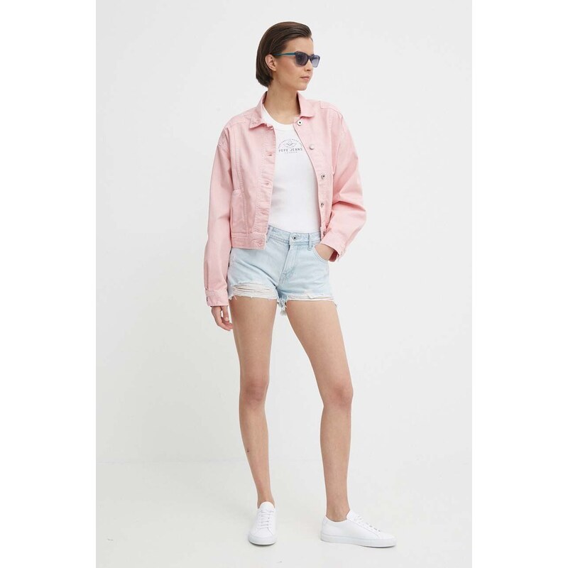 Džínová bunda Pepe Jeans dámská, růžová barva, přechodná