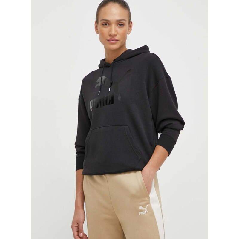 Mikina Puma CLASSICS Shiny Logo Hoodie dámská, černá barva, s kapucí, s potiskem, 625595