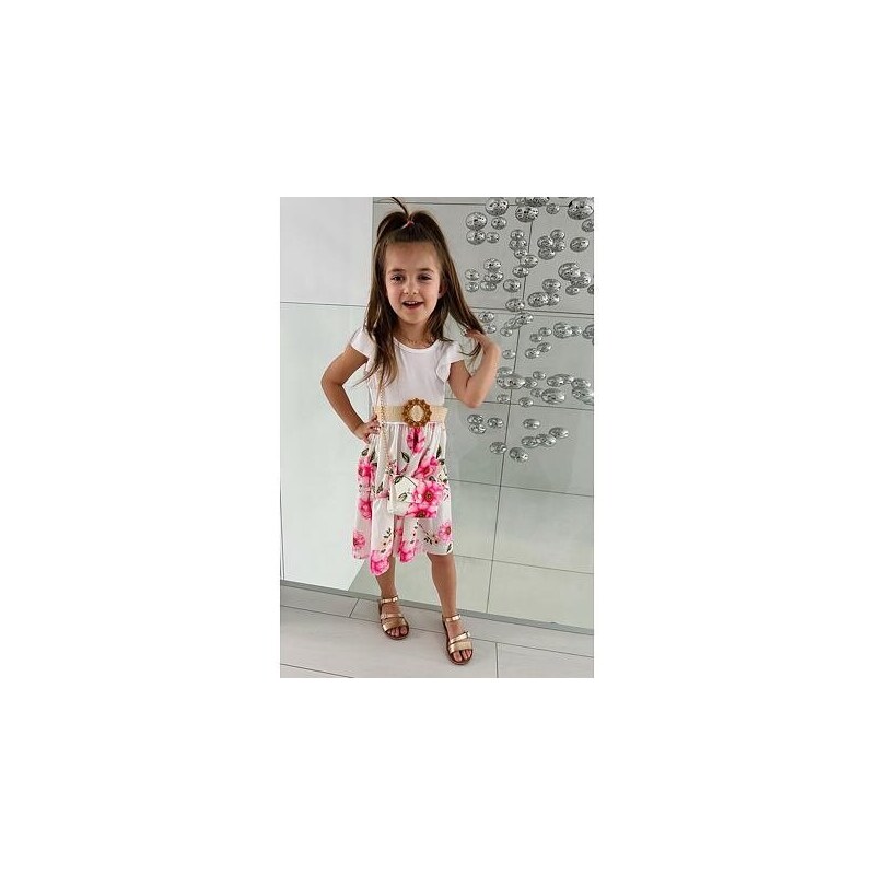 By Mini - butik Květované šaty s páskem a kabelkou white/pink