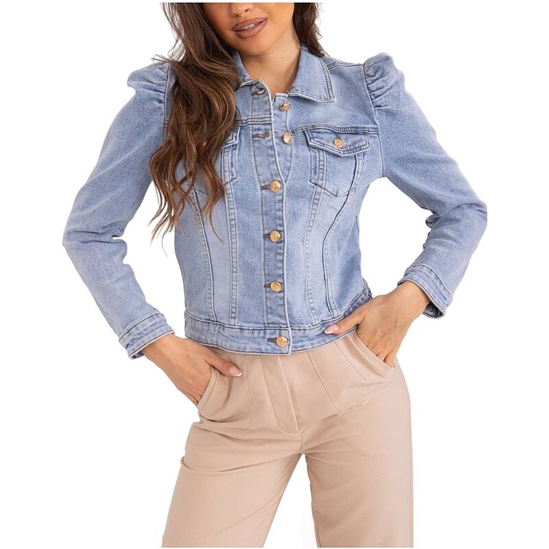 Světle modrá džínová bunda s nabíráním na ramenou
