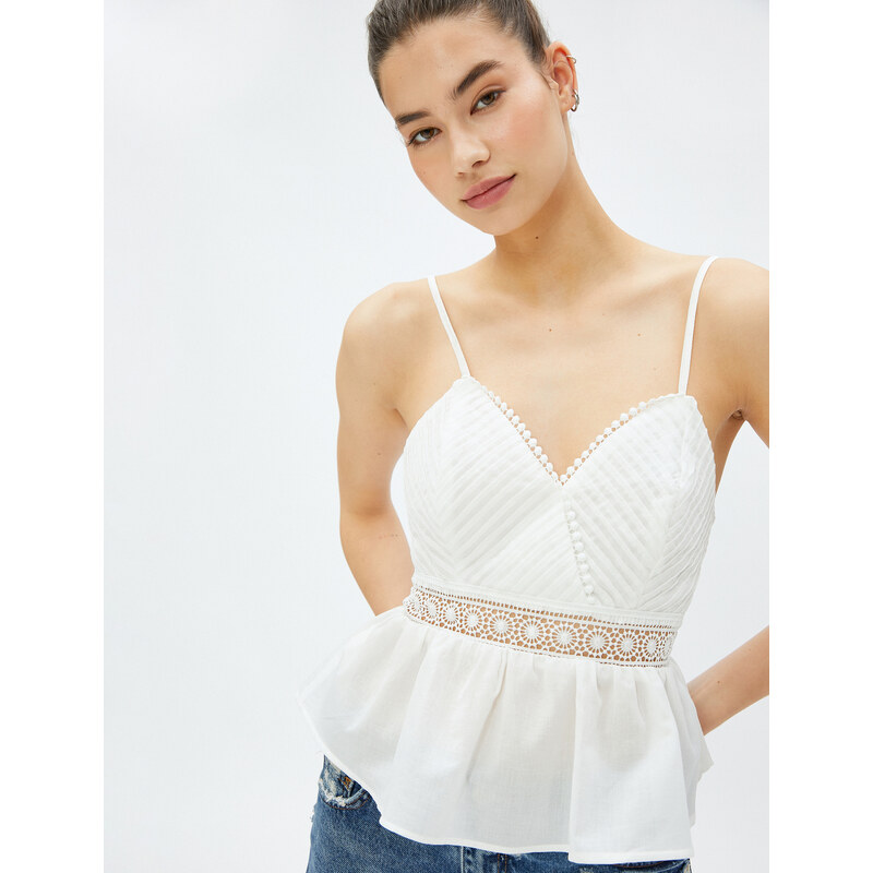 Koton Strapless Blouse V-Neck Lace Detail Ruffled Ribbed