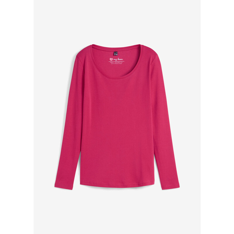 bonprix Bavlněné triko s dlouhým rukávem a kulatým výstřihem Pink