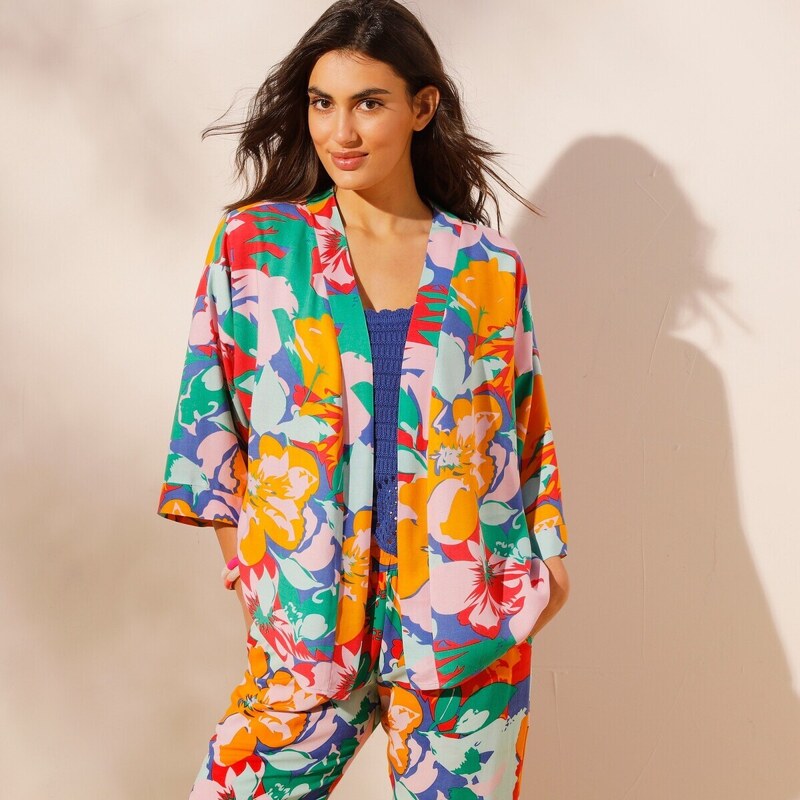 Blancheporte Kimono s potiskem květin modrá/zelená 91091543
