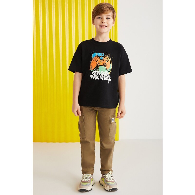 GRIMELANGE Jery Boys 100% Cotton Printed Short Sleeve Black T-shirt