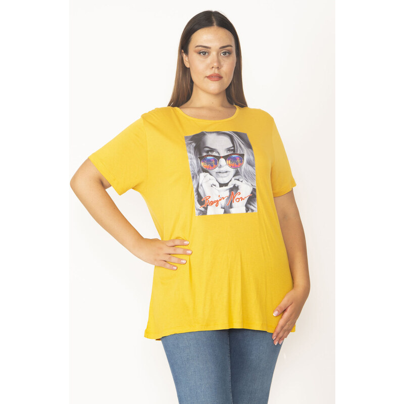 Şans Women's Plus Size Yellow Digital Printed Viscose Blouse