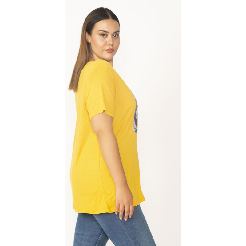 Şans Women's Plus Size Yellow Digital Printed Viscose Blouse
