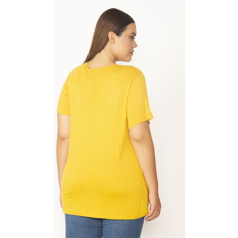 Şans Women's Plus Size Yellow Digital Printed Viscose Blouse