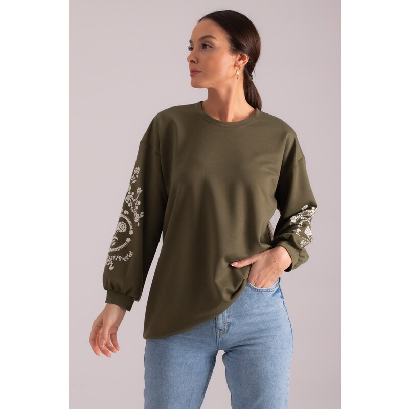 armonika Women's Khaki Round Neck Tunic with Embossed Sleeves