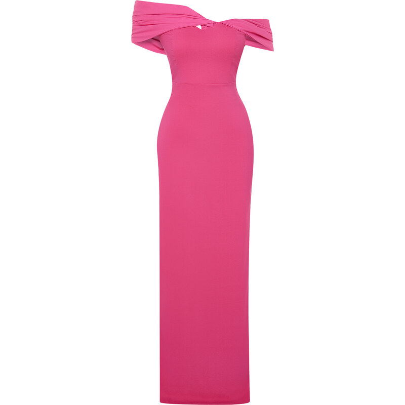 Trendyol Pink Fitted Asymmetric Collar Poplin Detail Long Evening Evening Dress