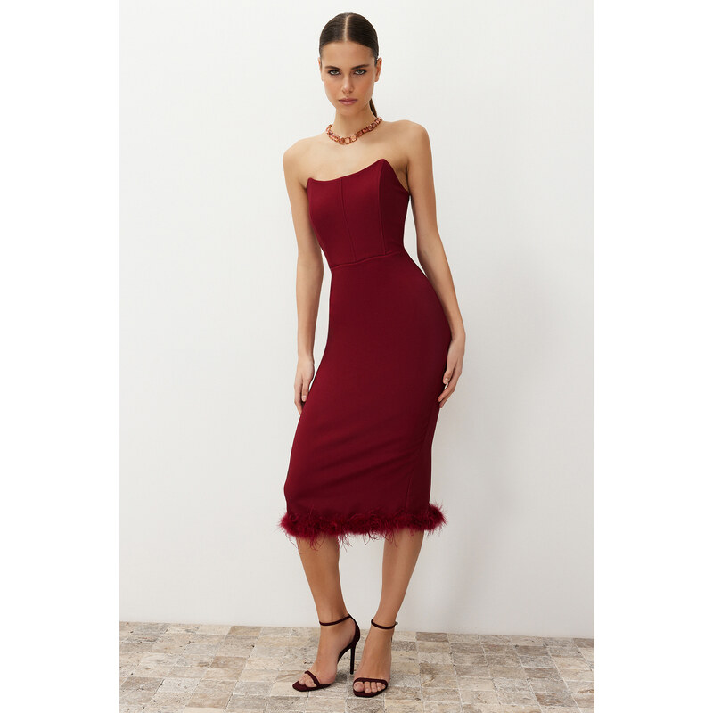 Trendyol Burgundy Body-fitting Woven Corset Detail Otricated Elegant Evening Dress