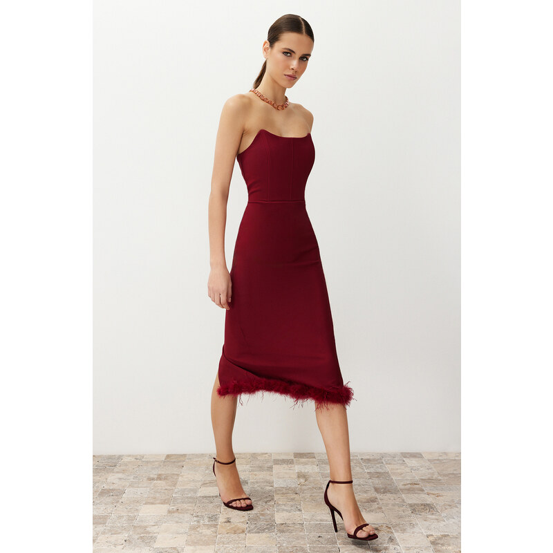 Trendyol Burgundy Body-fitting Woven Corset Detail Otricated Elegant Evening Dress