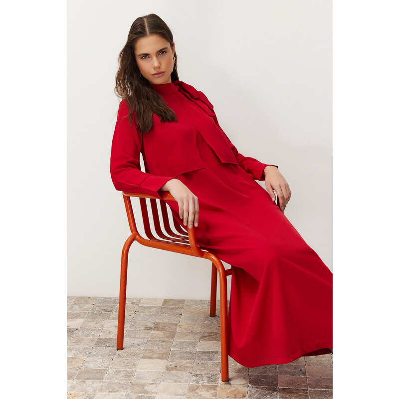 Trendyol Burgundy Collar Tie Detailed Woven Dress