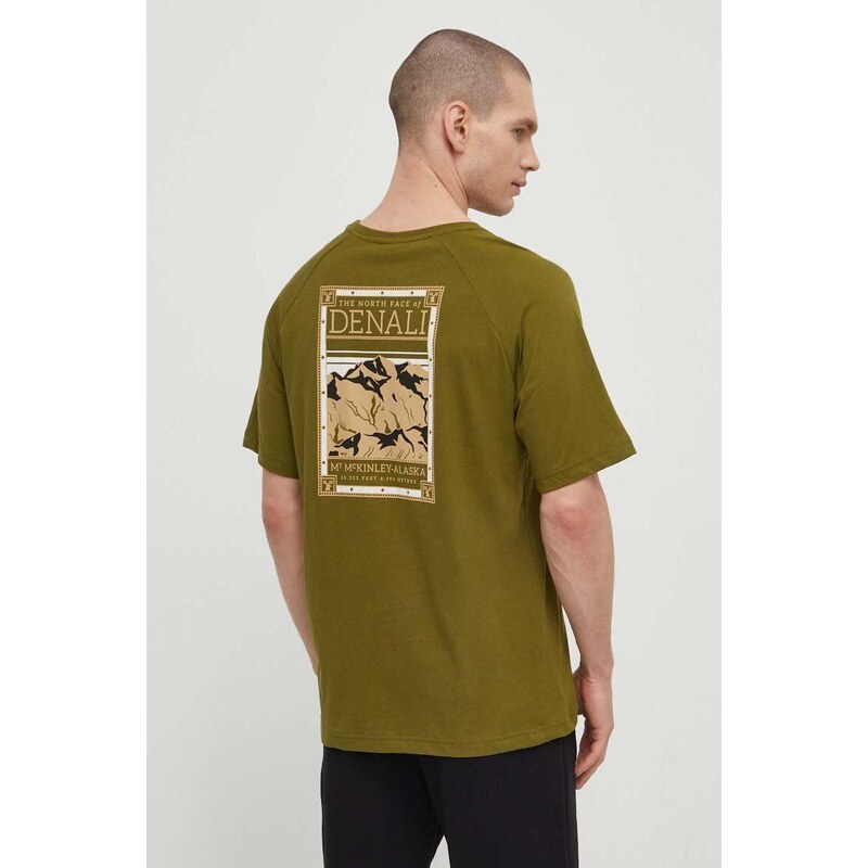 Bavlněné tričko The North Face zelená barva, s potiskem, NF0A87NUPIB1
