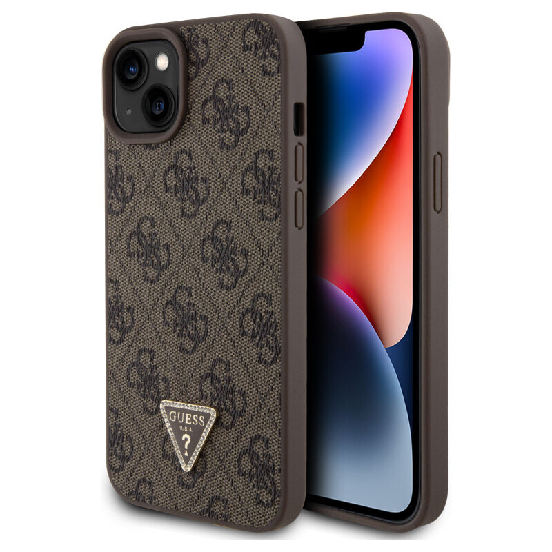 Apple iPhone 15 Plus Guess PU 4G Strass Triangle Metal Logo Case hnědá