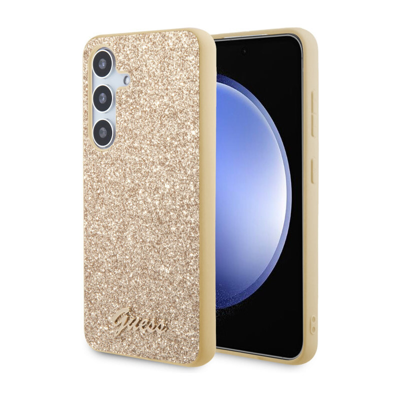 Samsung Galaxy S24+ Guess PC/TPU Glitter Flakes Metal Logo Case zlatá