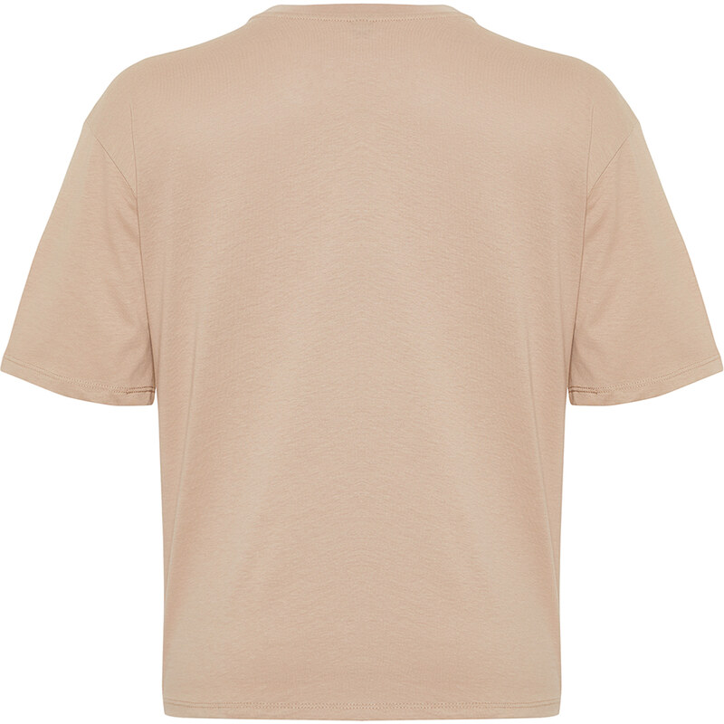 Trendyol Brown 100% Cotton Printed Relaxed/Wide, Comfortable Fit Crewneck Knitted T-Shirt