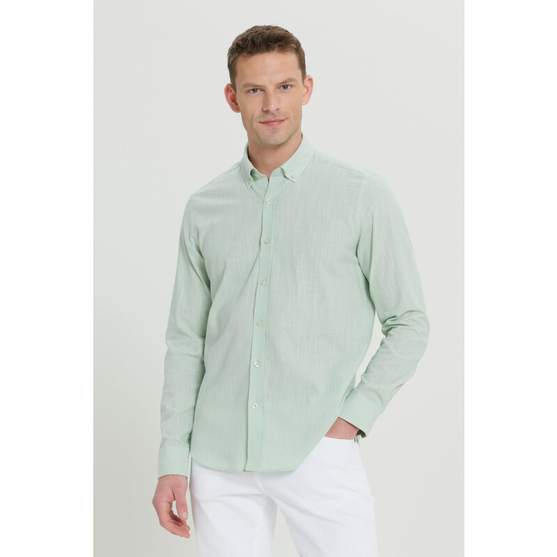 AC&Co / Altınyıldız Classics Men's A.mint Tailored Slim Fit Buttoned Collar Linen Look 100% Cotton Flamed Shirt