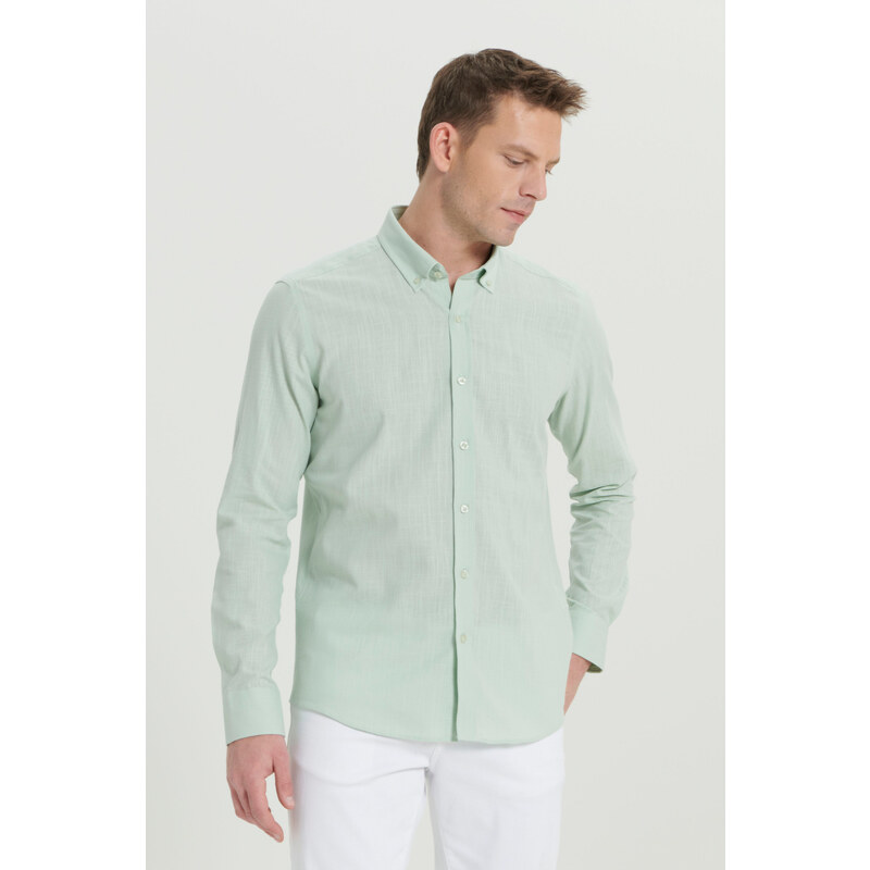 AC&Co / Altınyıldız Classics Men's A.mint Tailored Slim Fit Buttoned Collar Linen Look 100% Cotton Flamed Shirt