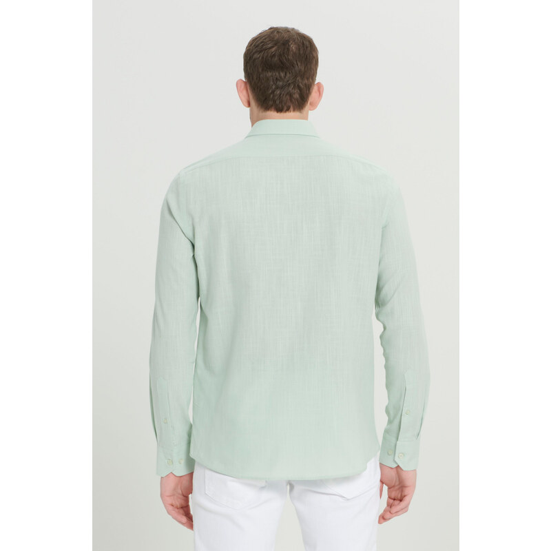 AC&Co / Altınyıldız Classics Men's A.mint Tailored Slim Fit Buttoned Collar Linen Look 100% Cotton Flamed Shirt