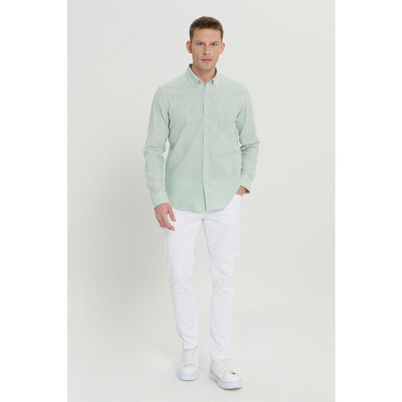 AC&Co / Altınyıldız Classics Men's A.mint Slim Fit Buttoned Collar Linen Look 100% Cotton Flared Shirt
