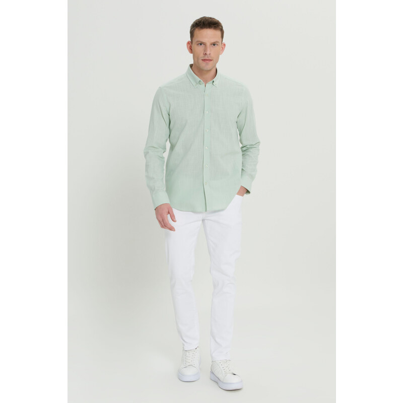 AC&Co / Altınyıldız Classics Men's A.mint Tailored Slim Fit Buttoned Collar Linen Look 100% Cotton Flamed Shirt