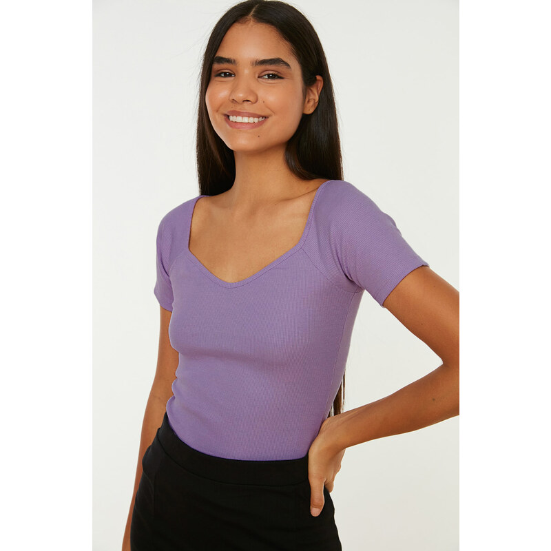 Trendyol Lilac Fitted/Clothing, Ribbed Cotton, Stretchy Knit Blouse