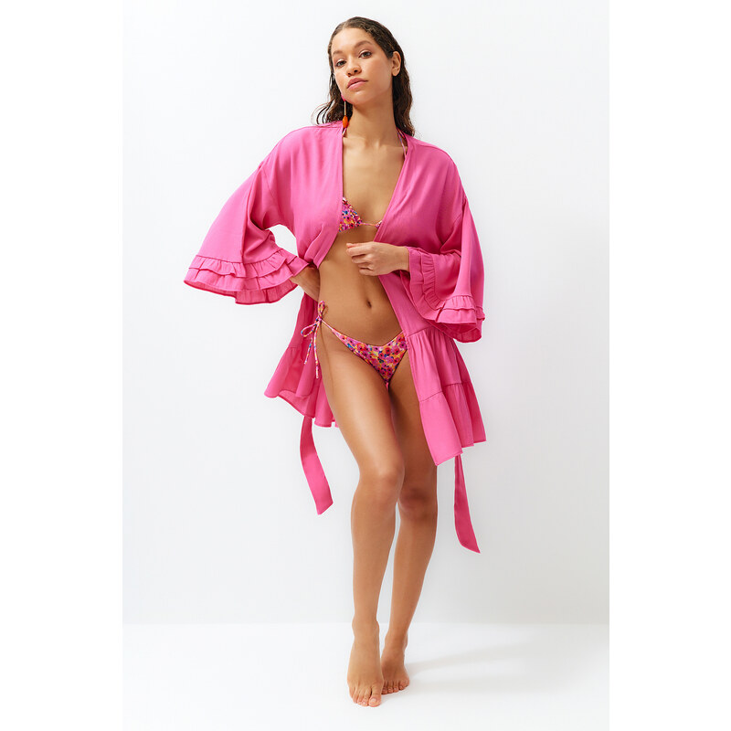 Trendyol Fuchsiový Mini Tkaný Kimono&Kaftan s Opaskem a Volány 115723403