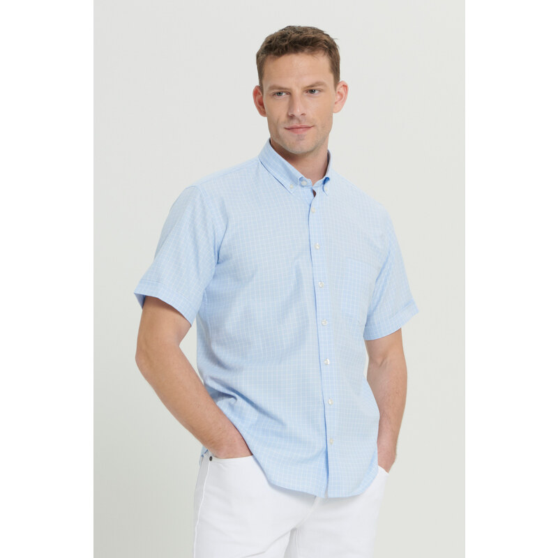 ALTINYILDIZ CLASSICS Men's Light Blue Comfort Fit Comfy Cut Buttoned Collar Check Short Sleeve Shirt.