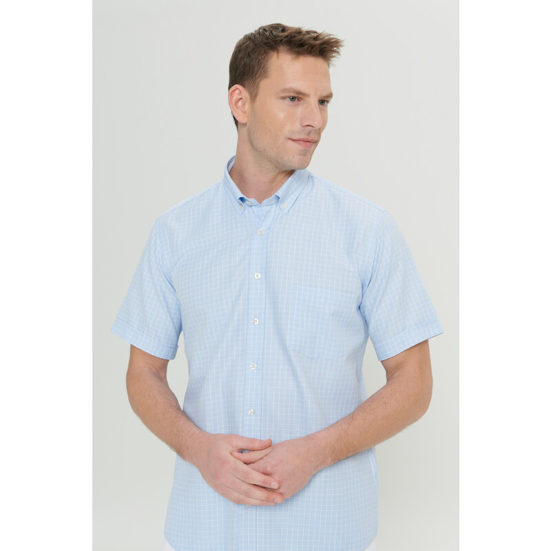 ALTINYILDIZ CLASSICS Men's Light Blue Comfort Fit Comfy Cut Buttoned Collar Check Short Sleeve Shirt.