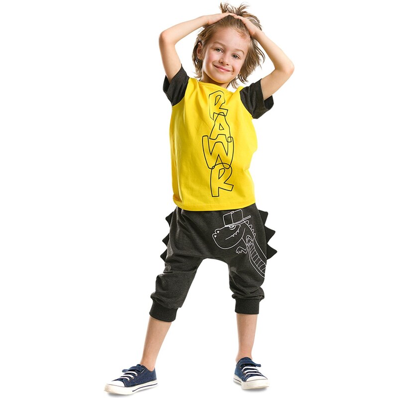 Denokids Ribbed Rawr Boys T-shirt Capri Shorts Set