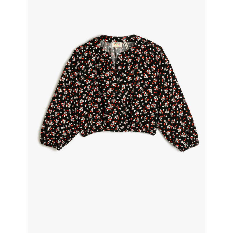 Koton Floral Round Neck Buttoned Long Sleeve Elastic Cuff