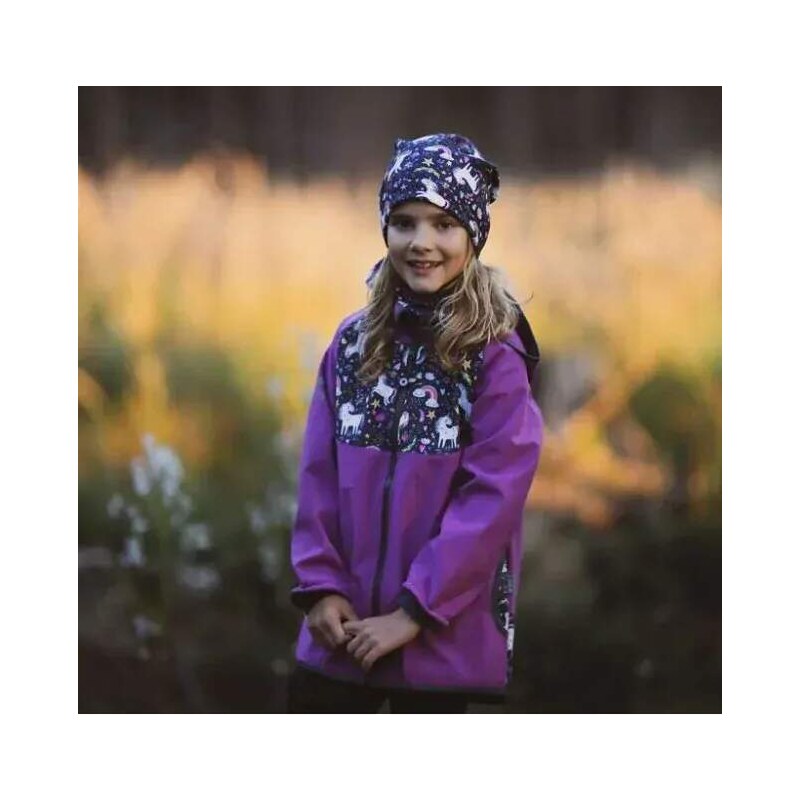 Unuo (ušito v ČR) Dívčí softshellová bunda s fleecem Unuo - jednorožci - fialová