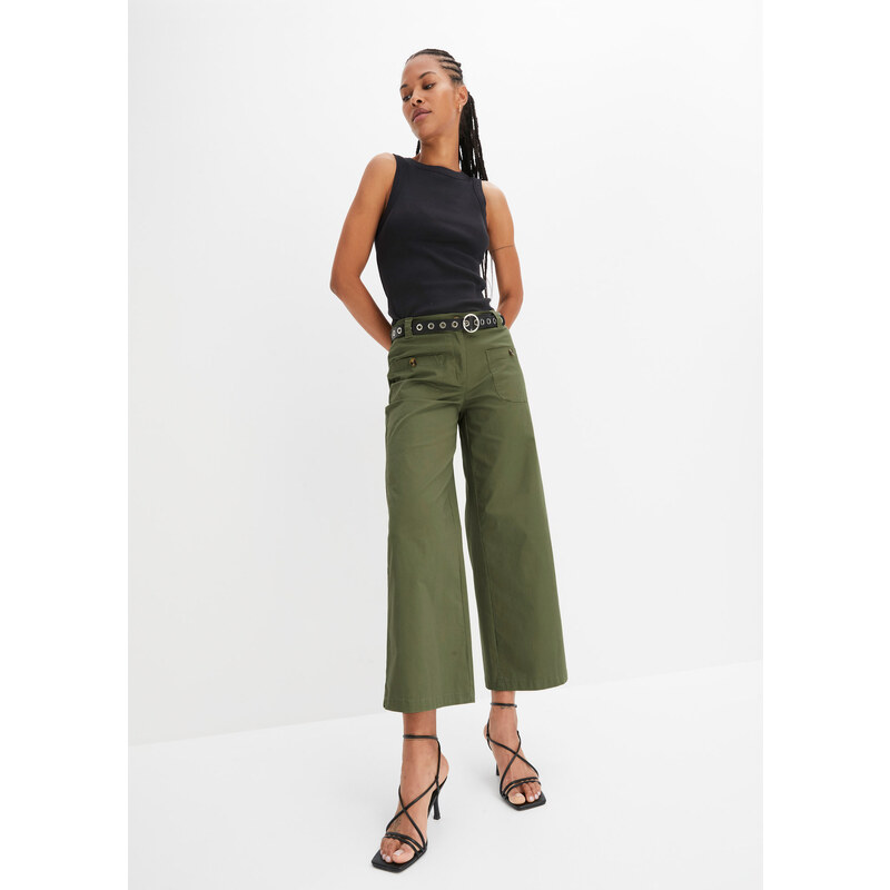 bonprix Džíny s pohodlnou pasovkou Wide Leg, High Waist Zelená