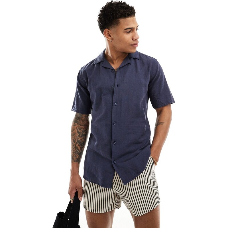 ONLY & SONS linen mix revere collar shirt in navy