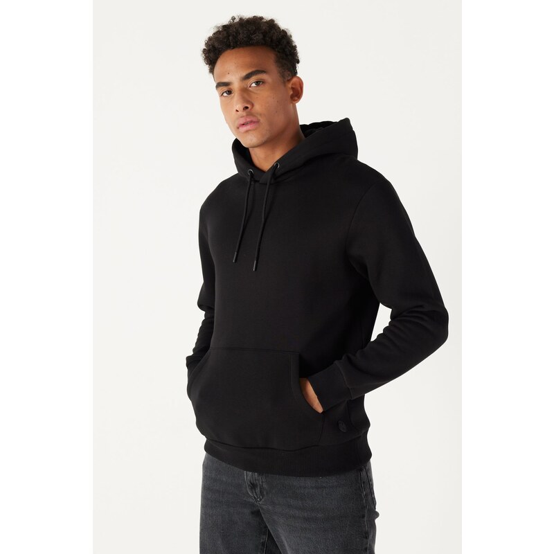 AC&Co / Altınyıldız Classics Men's Black Standard Fit Regular Cut Inner Fleece 3 Thread Hooded Cotton Sweatshirt