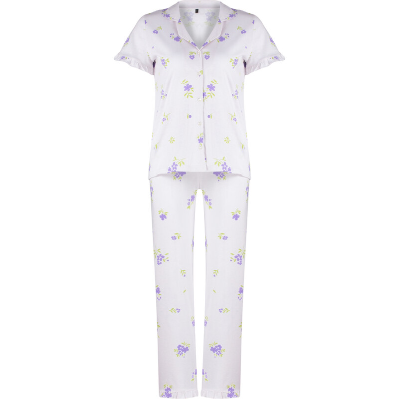 Trendyol Ecru-Multi Color 100% Cotton Floral Ruffle Detail Knitted Pajamas Set