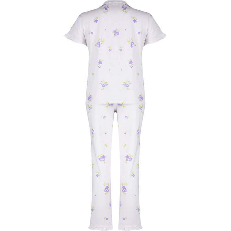 Trendyol Ecru-Multi Color 100% Cotton Floral Ruffle Detail Knitted Pajamas Set