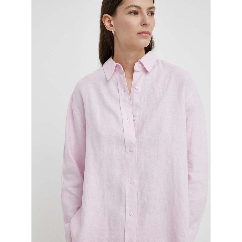 Lněná košile Samsoe Samsoe SALOVA růžová barva, relaxed, s klasickým límcem, F24100188