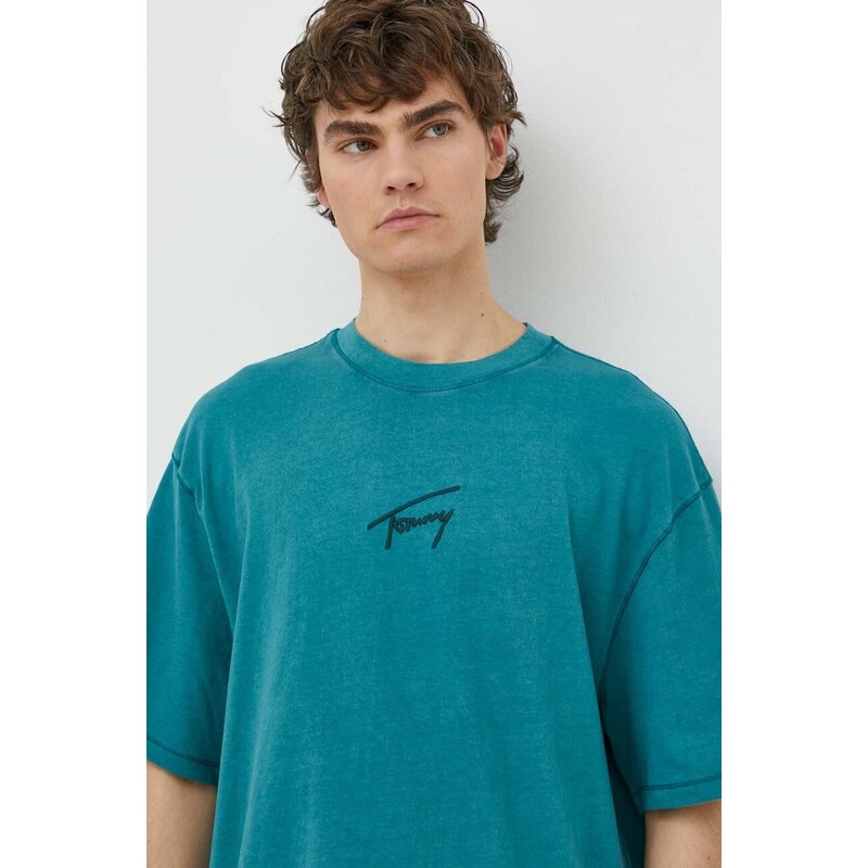 Bavlněné tričko Tommy Jeans tyrkysová barva, s aplikací, DM0DM18663