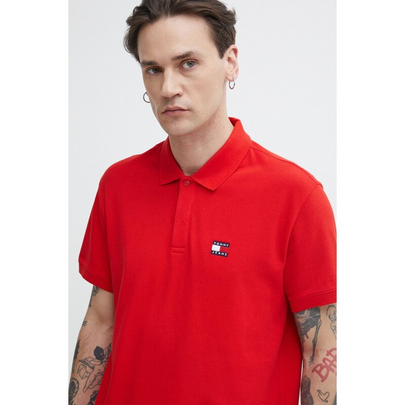 Bavlněné polo tričko Tommy Jeans červená barva, DM0DM18314