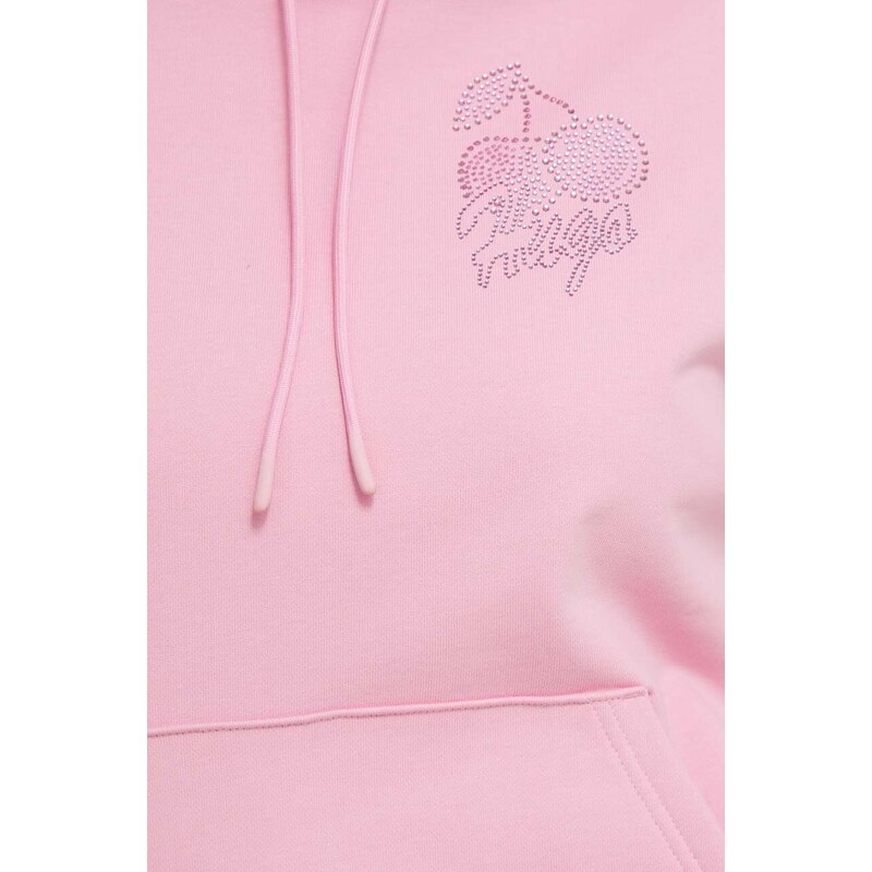 Bavlněná mikina HUGO dámská, růžová barva, s kapucí, s aplikací, 50514080