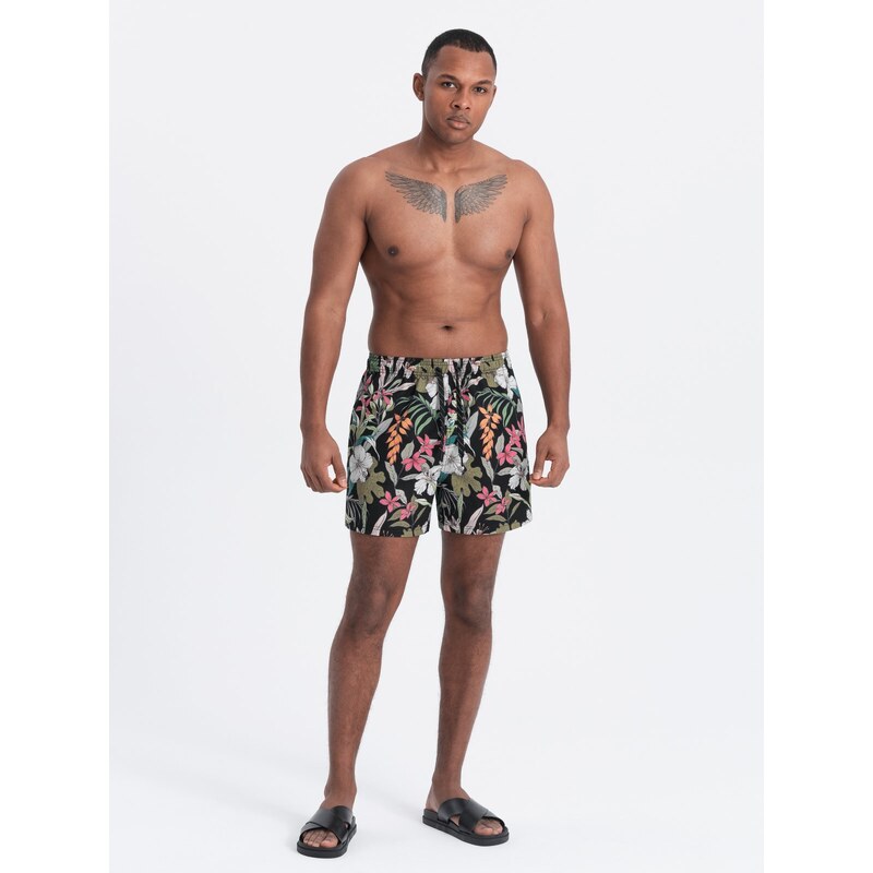 Ombre Clothing Pánské květované plavecké šortky - černé V3 OM-SRBS-0140