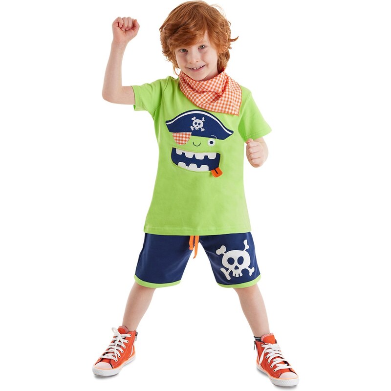 Denokids 3d Green Pirate Kids T-shirt Shorts Bandana Set