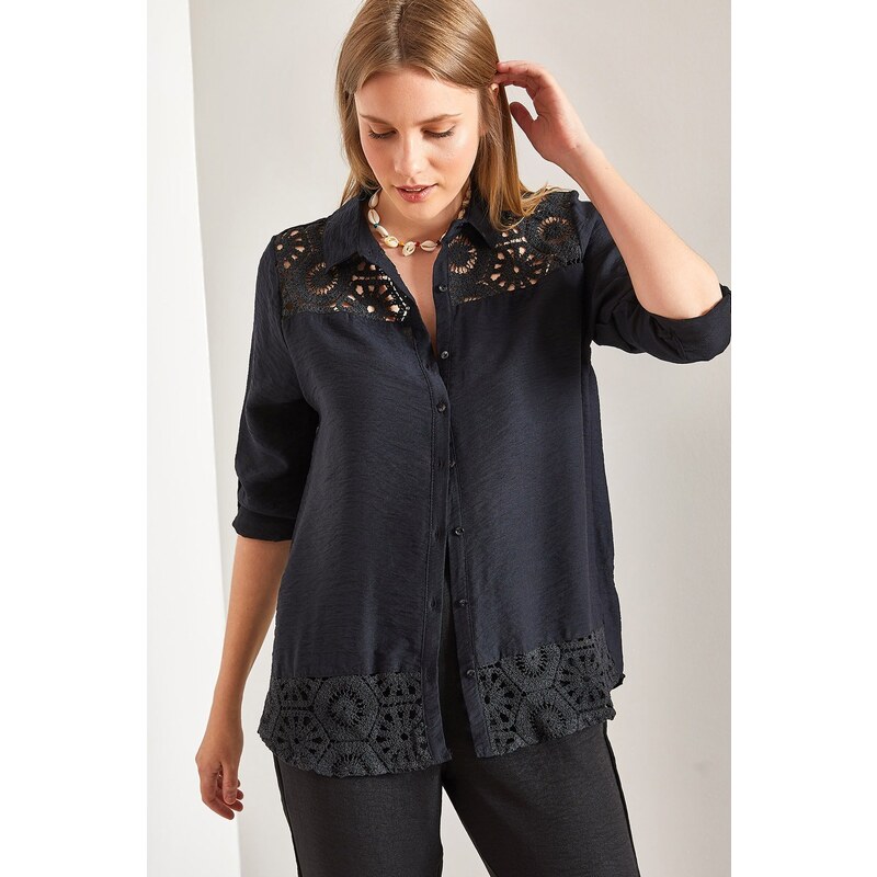 Bianco Lucci Women's Lace Patterned Shirt with Fold Sleeves