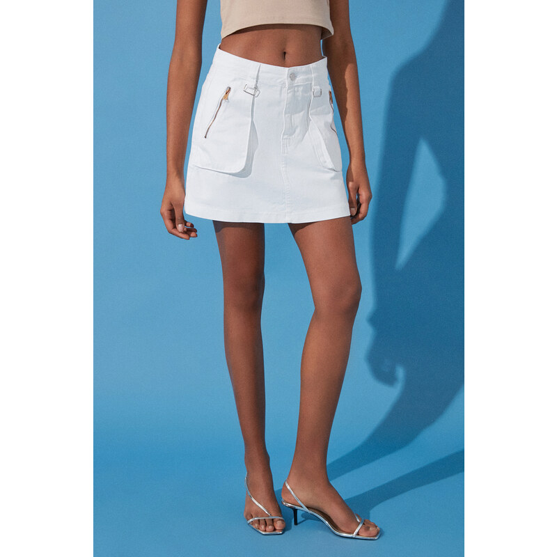 Trendyol White Zipper Detail Mini Denim Skirt