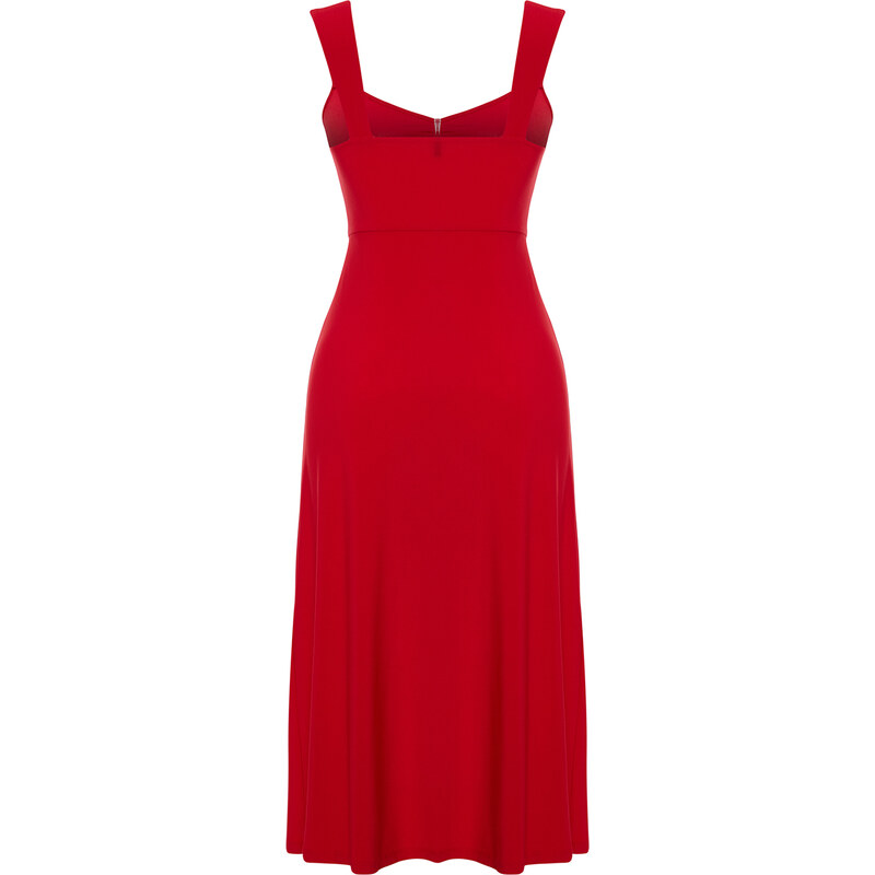 Trendyol Red Heart Neck Gathered Strap Knitted Midi Dress