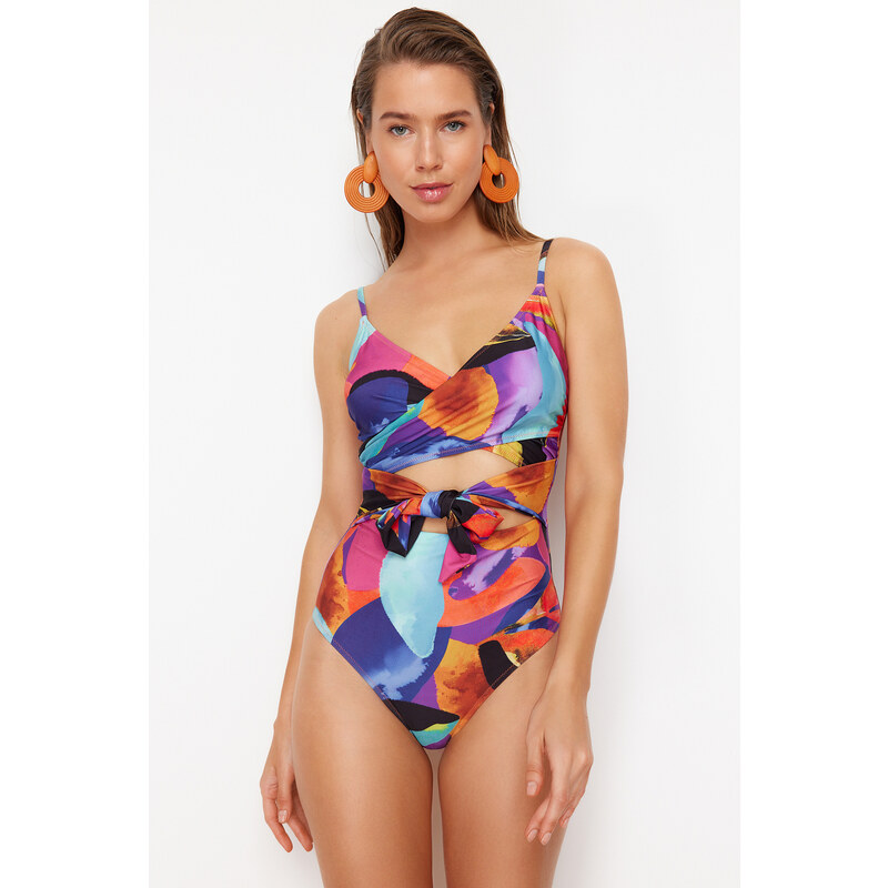Trendyol Abstract Patterned Double Breasted Tie Hipster Swimsuit