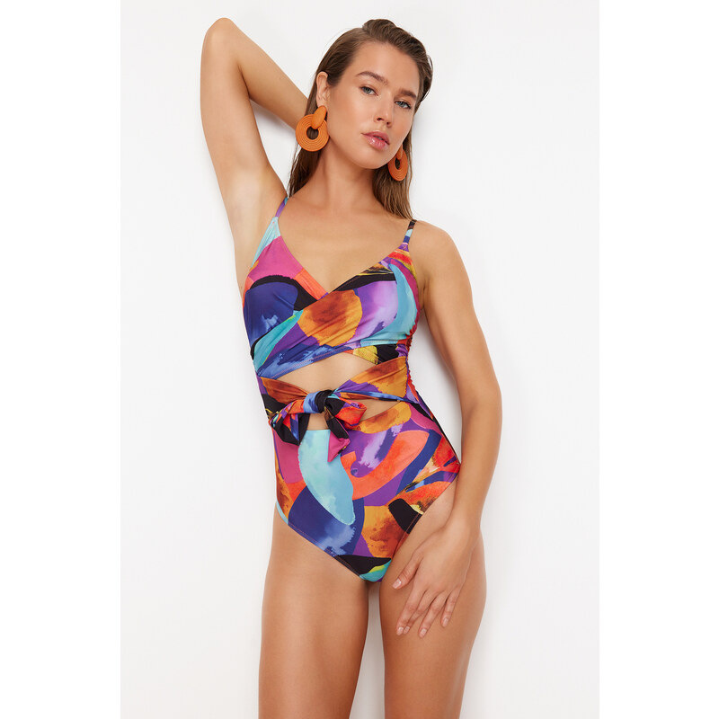 Trendyol Abstract Patterned Double Breasted Tie Hipster Swimsuit