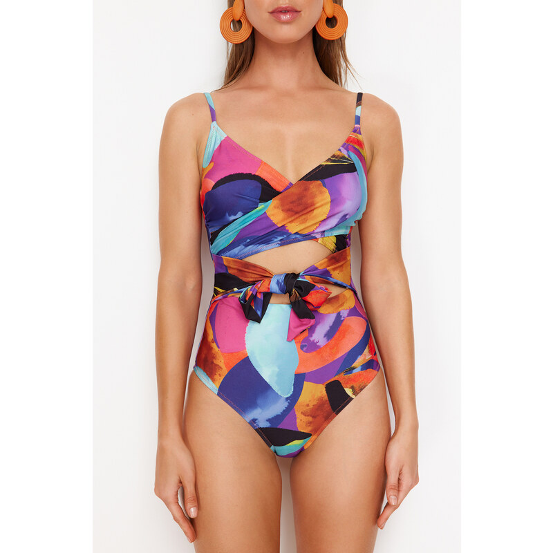 Trendyol Abstract Patterned Double Breasted Tie Hipster Swimsuit